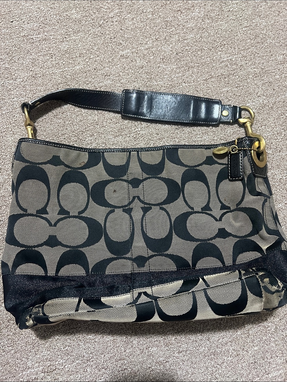 Coach Brown and Black Signature Canvas Shoulder Bag with Gold Hardware
